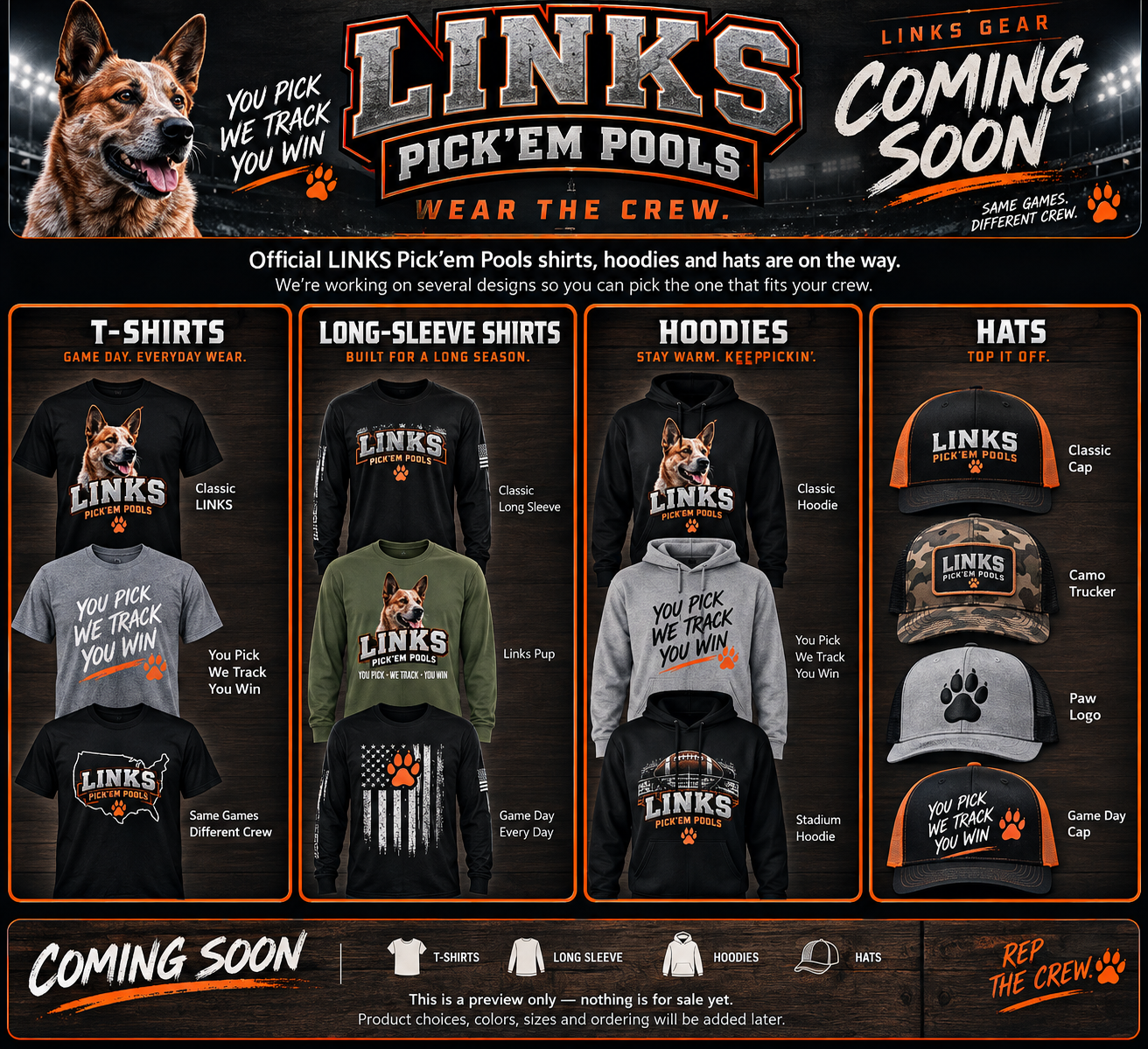 LINKS Pick’em Pools gear coming soon — preview of T-shirts, long-sleeve shirts, hoodies and hats